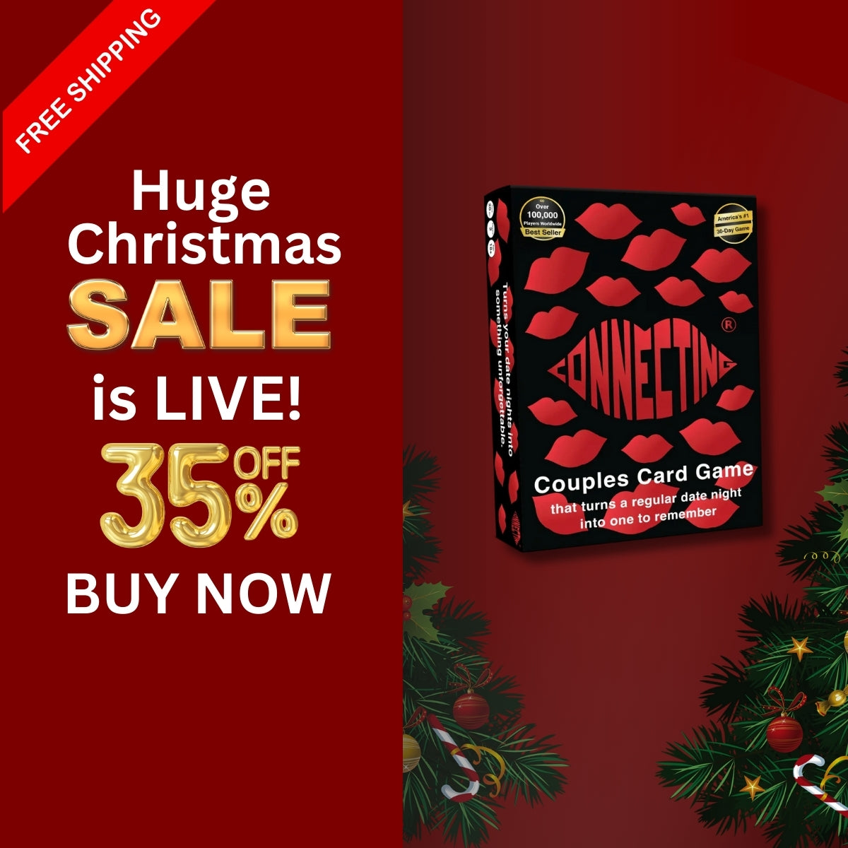 Christmas sale promotion for the Connecting™ couples card game, featuring festive design and 35 percent off holiday offer with free shipping